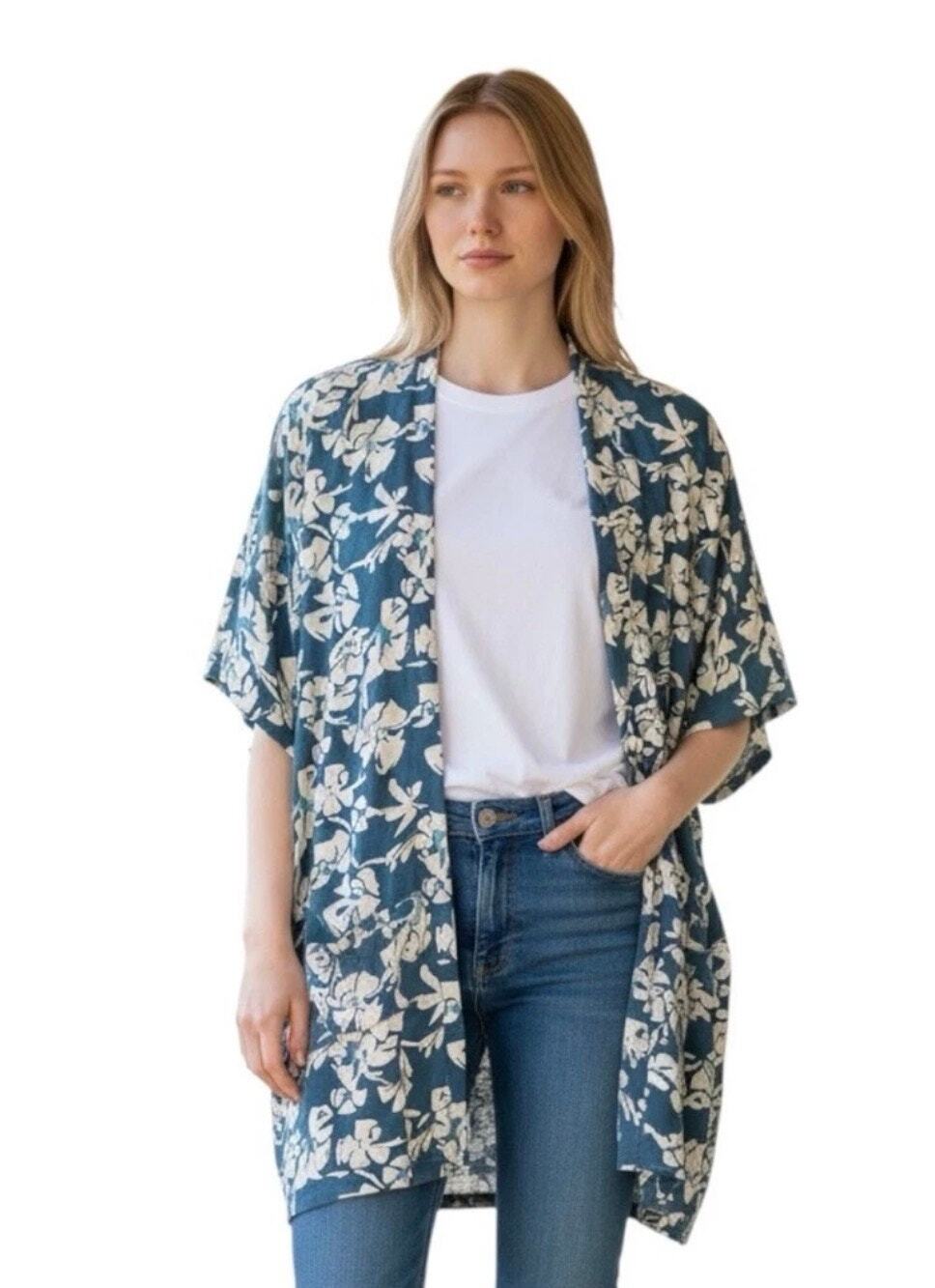 NWT Natural by Known Supply Teal Floral Hawaiian Blooms Kimono Swim Cover-M/L